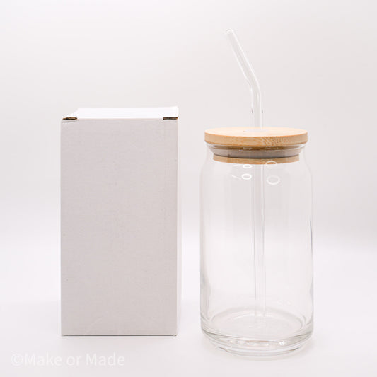 Clear Glass Can w/ Bamboo Lid & Straw