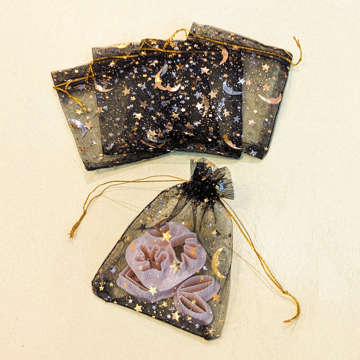 Gold Moon & Star Organza Bags - Black, White, Pink or Purple
